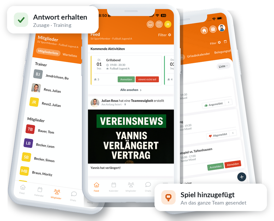 Die SportMember Vereins-App auf mehreren Smartphones – Feed, Mitglieder und Kalender