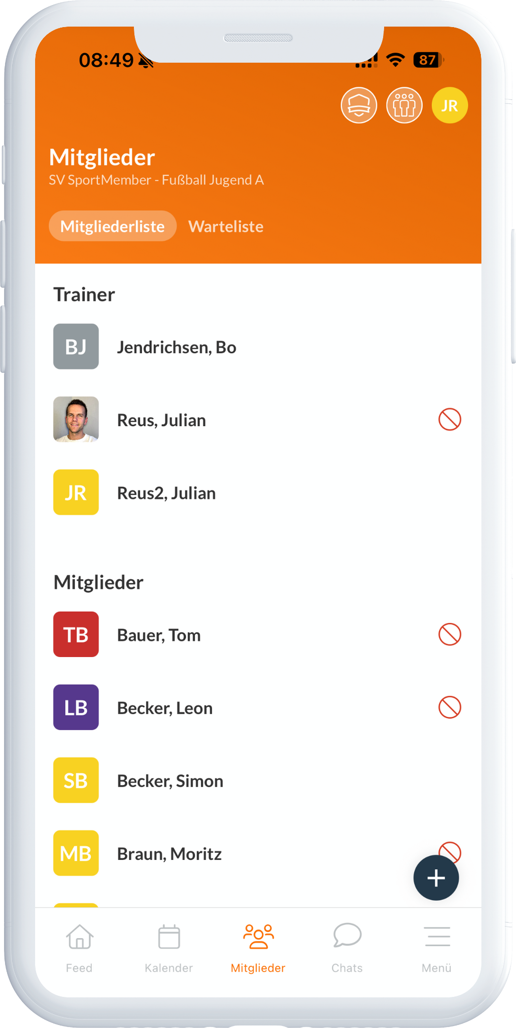 Die Mitgliederliste in der SportMember App